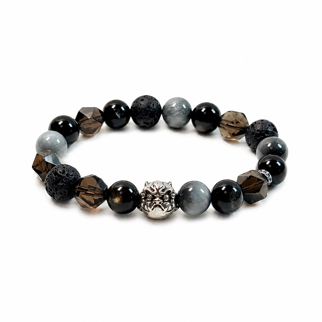 Obsidian, Smoky Quartz, Hawk’s Eye and Lava Stone Bracelet with 925 sterling silver guardian face charm, side view