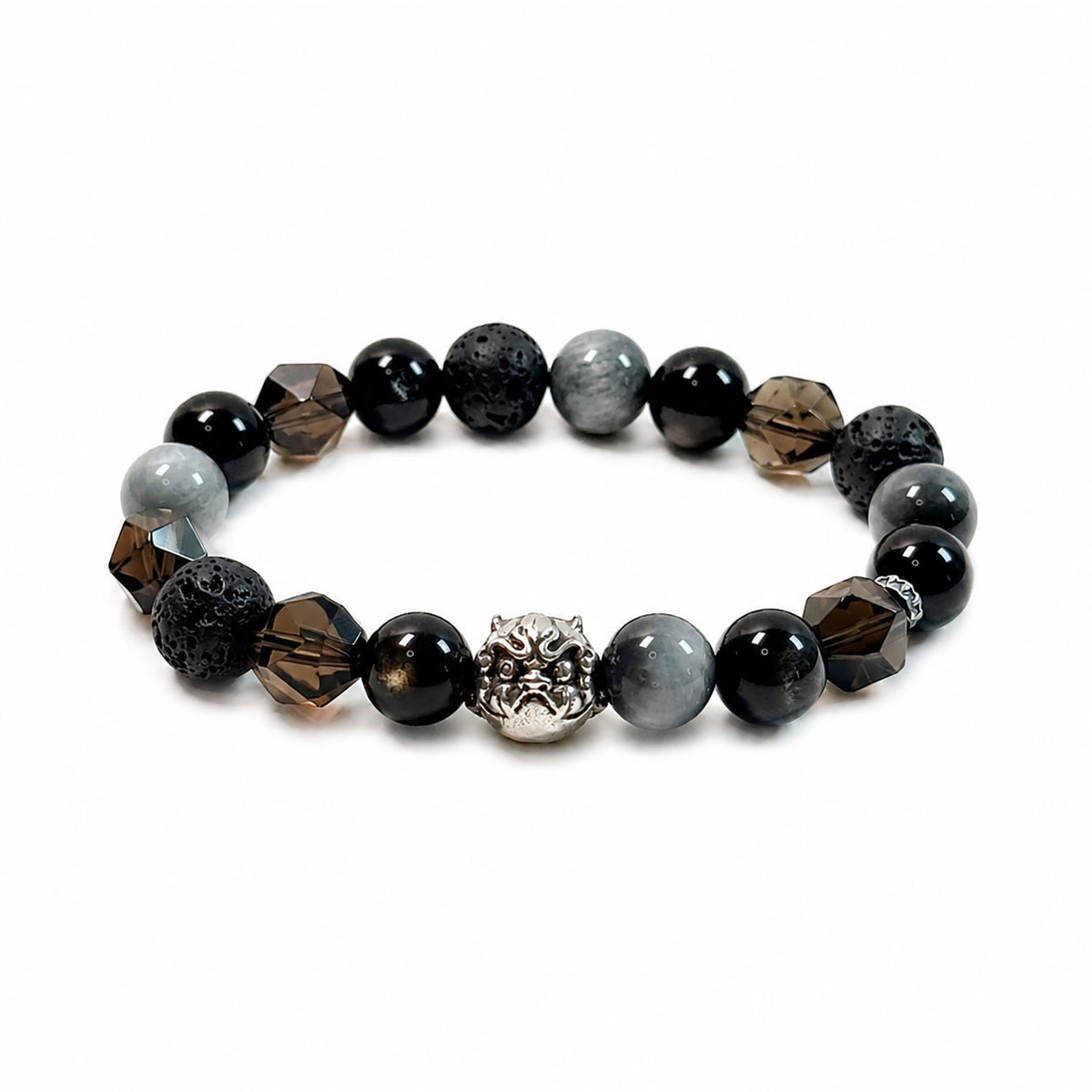 Obsidian, Smoky Quartz, Hawk’s Eye and Lava Stone Bracelet with 925 sterling silver guardian face charm, side view