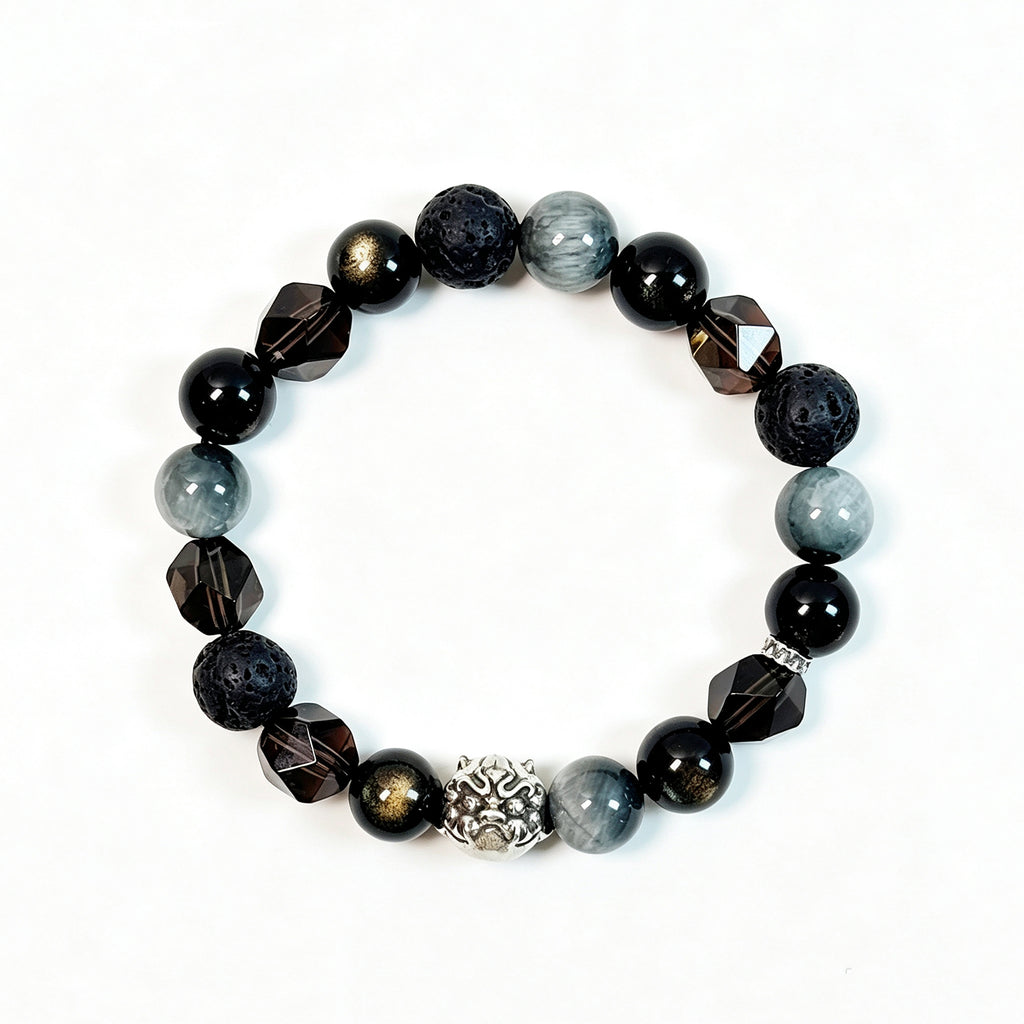 Obsidian, Smoky Quartz, Hawk’s Eye and Lava Stone crystal bracelet, top view