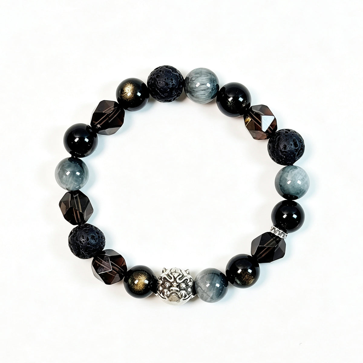 Obsidian, Smoky Quartz, Hawk’s Eye and Lava Stone crystal bracelet, top view