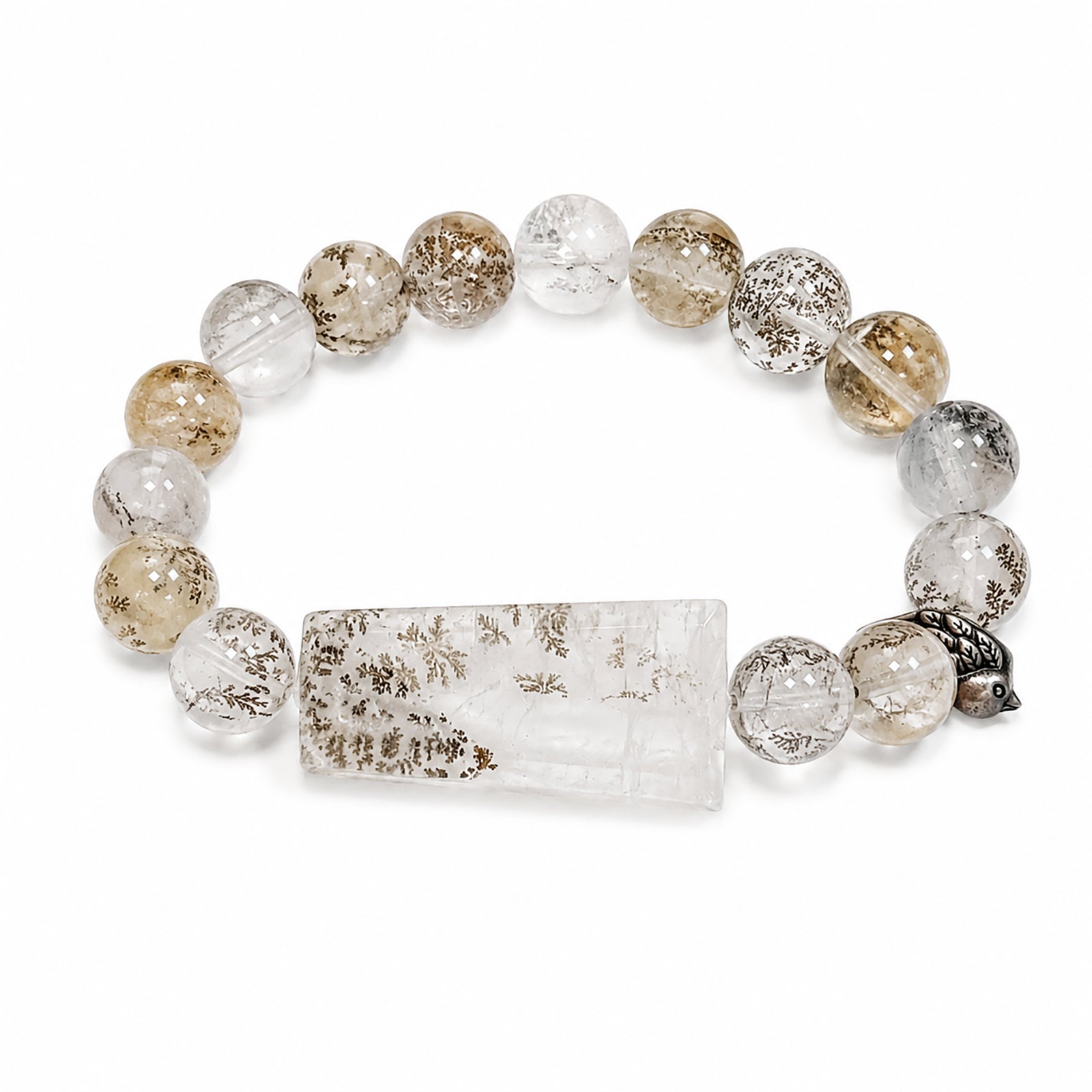 Side view of One of a Kind Dendritic Quartz bracelet with unique tree-like mineral patterns