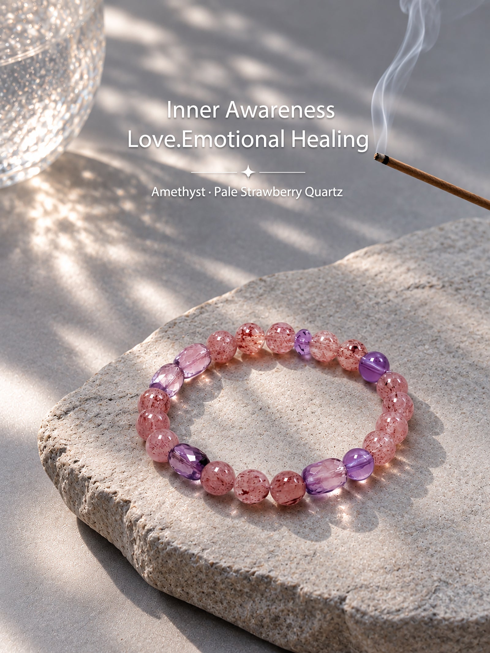 Pale Strawberry Quartz and Amethyst bracelet representing love, emotional healing and inner awareness