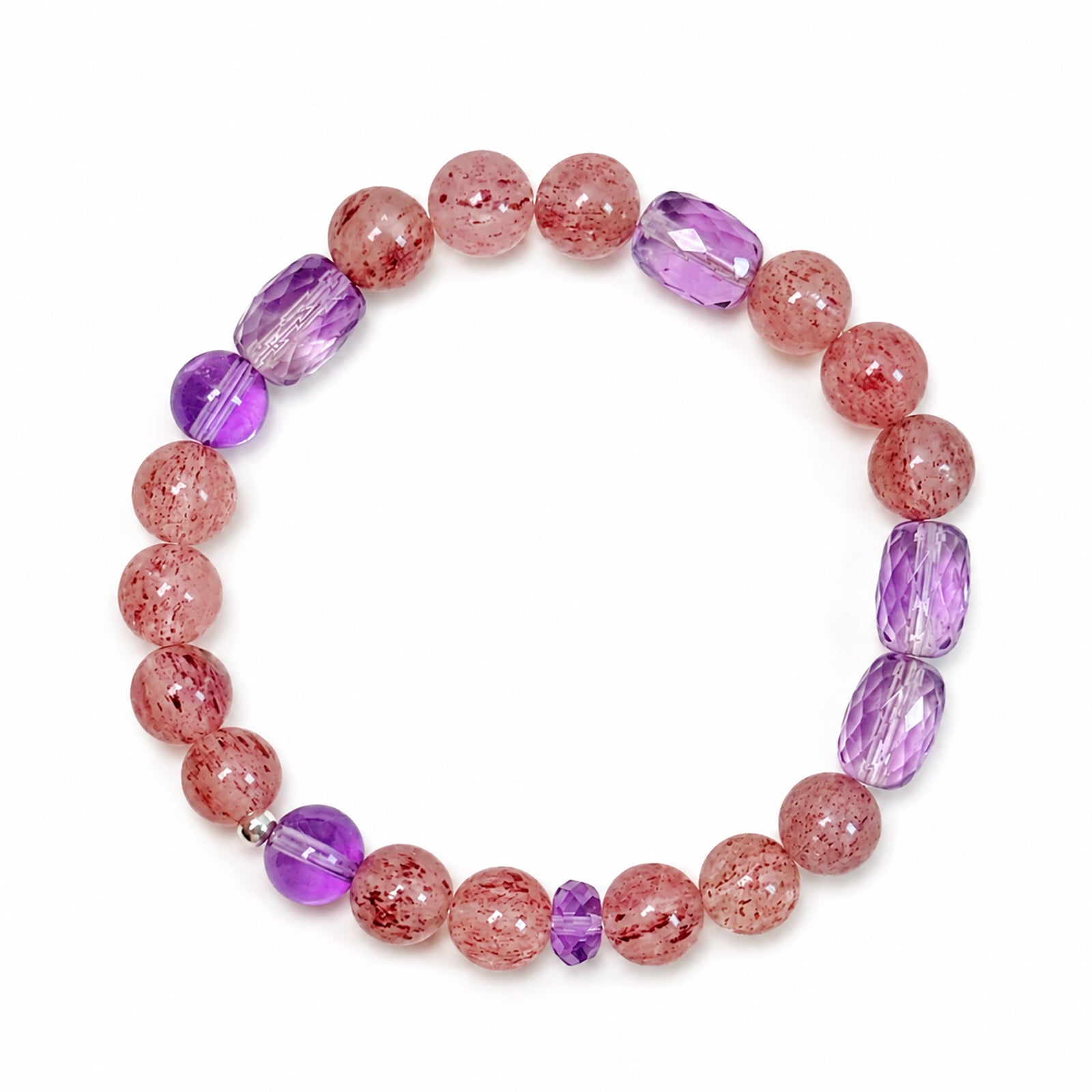 Top view of Pale Strawberry Quartz and Amethyst bracelet with 925 Sterling Silver