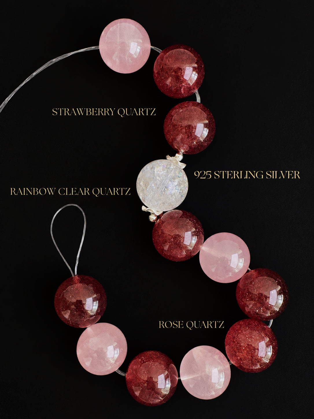 Mineral close-up of Pink Giant natural undyed Strawberry Quartz, Rose Quartz and Rainbow Clear Quartz bracelet with 925 sterling silver, showing natural crystal textures and inclusions against a dark background.
