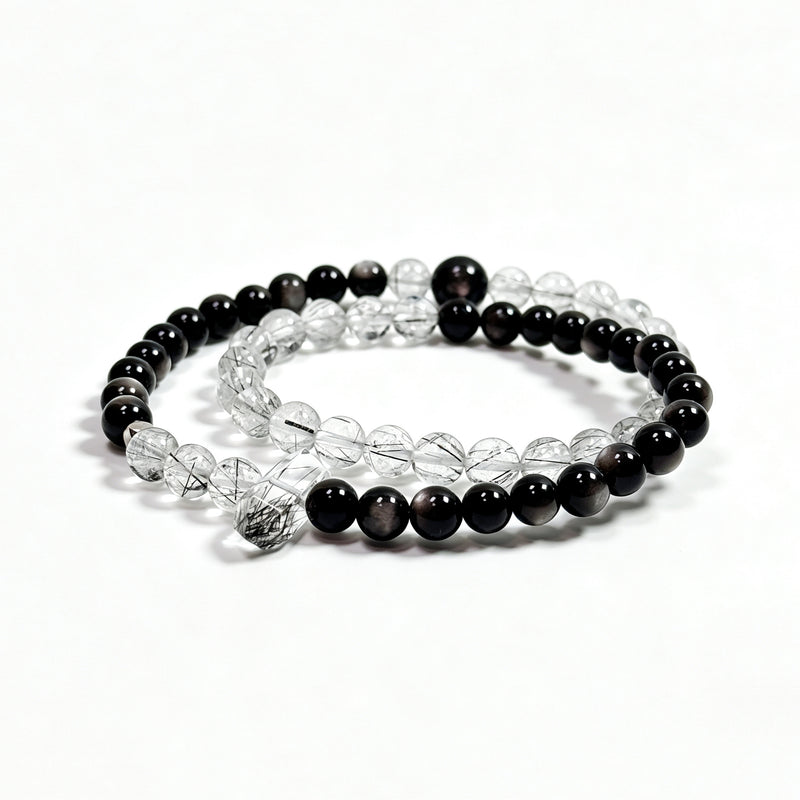 Pulsera doble vuelta de cuarzo rutilado negro y obsidiana | Enraizamiento y protección