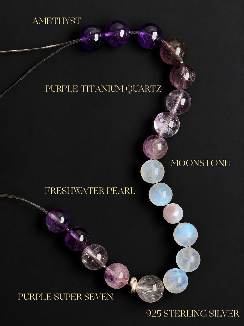 Natural Purple Super Seven, Purple Titanium Quartz, Amethyst and Moonstone bracelet displayed on a dark background, highlighting the gemstones’ natural colors, transparency, textures and mineral inclusions.
