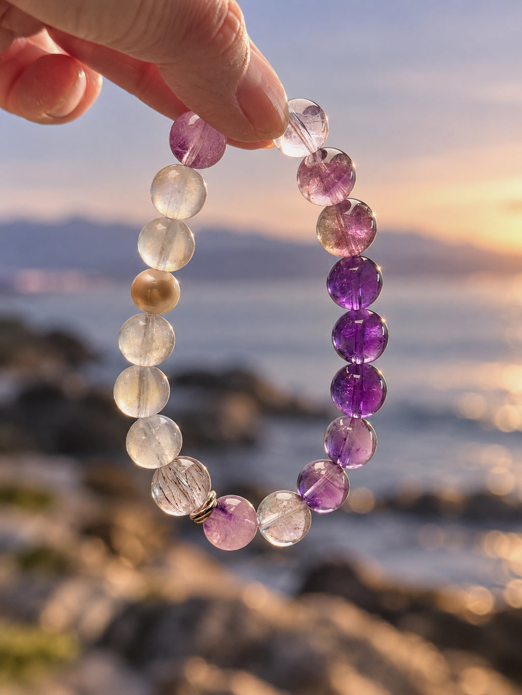 Purple Super Seven, Purple Titanium Quartz, Amethyst and Moonstone bracelet photographed in natural light by the sea