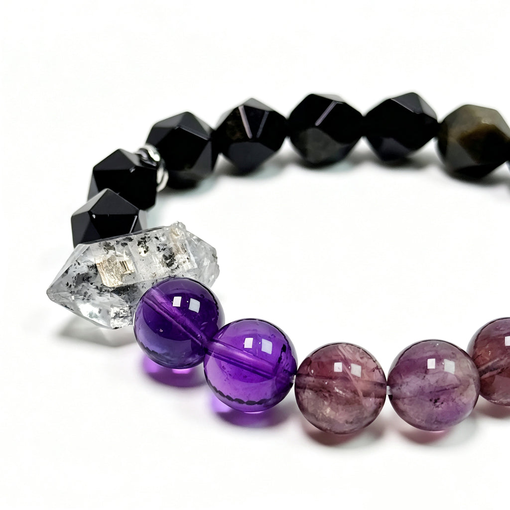 Close-up detail of purple titanium quartz, amethyst, faceted obsidian, and crystal point bracelet showing layered textures and protective aesthetic