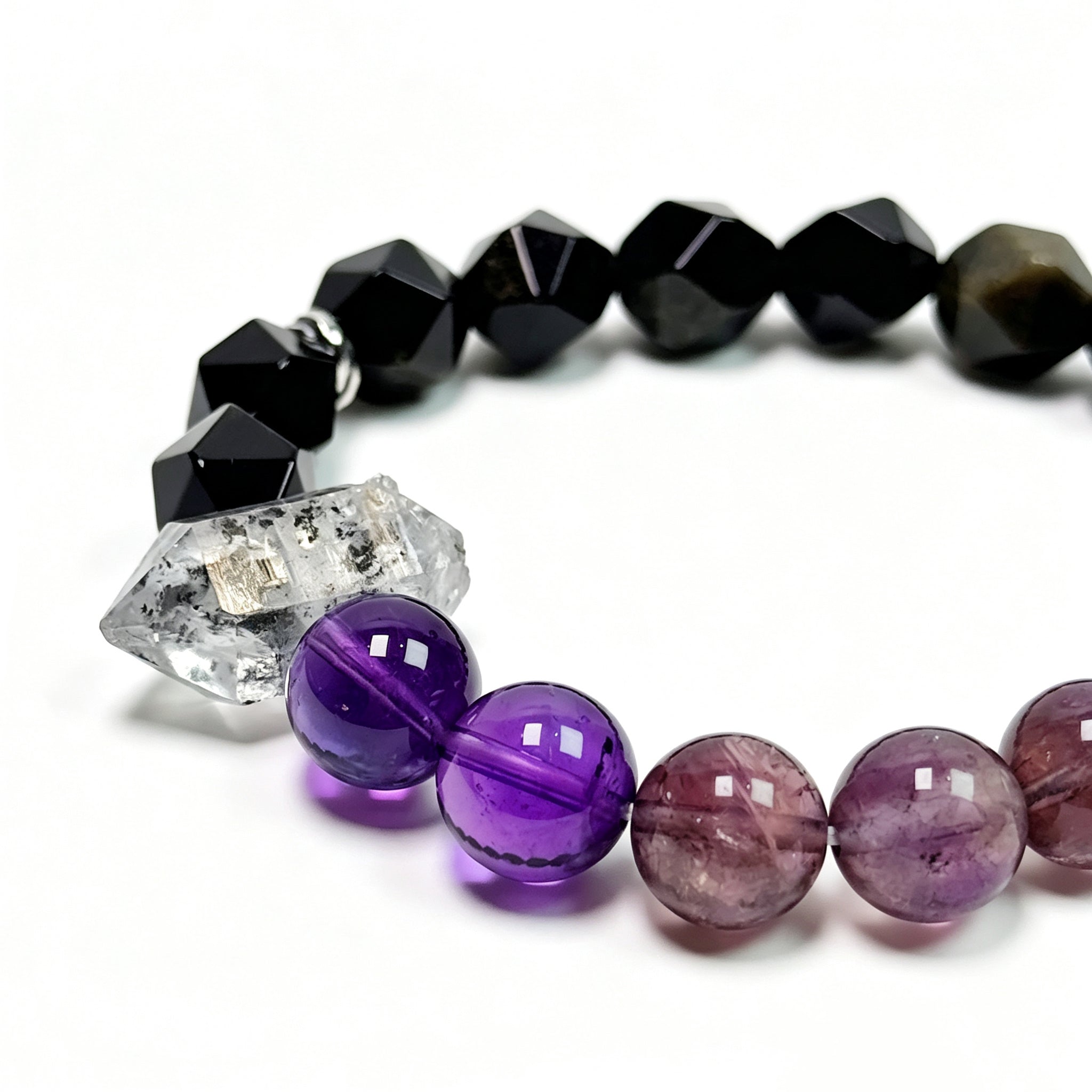 Close-up detail of purple titanium quartz, amethyst, faceted obsidian, and crystal point bracelet showing layered textures and protective aesthetic