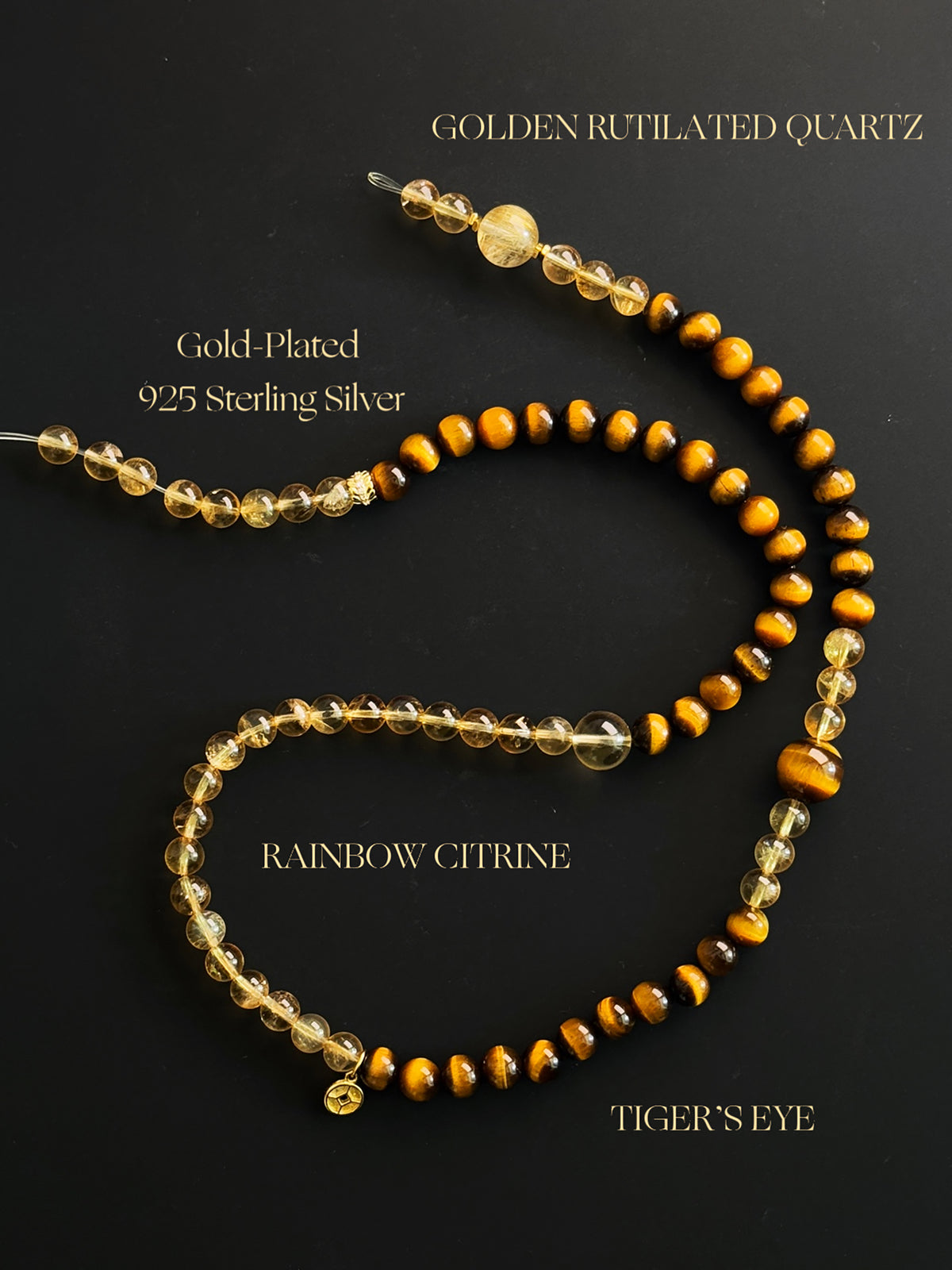 Black background mineral guide featuring Rainbow Citrine, Tiger’s Eye, and Golden Rutilated Quartz in a convertible wrap bracelet and necklace by Luzzy Aura.