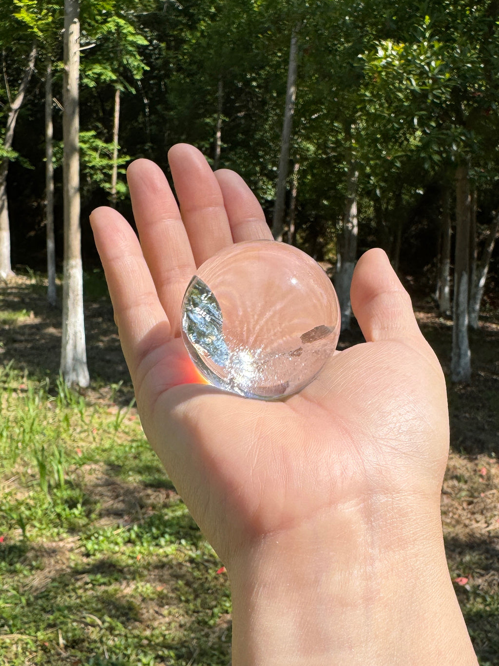 Hand holding a natural rainbow clear quartz sphere showing its size and clarity