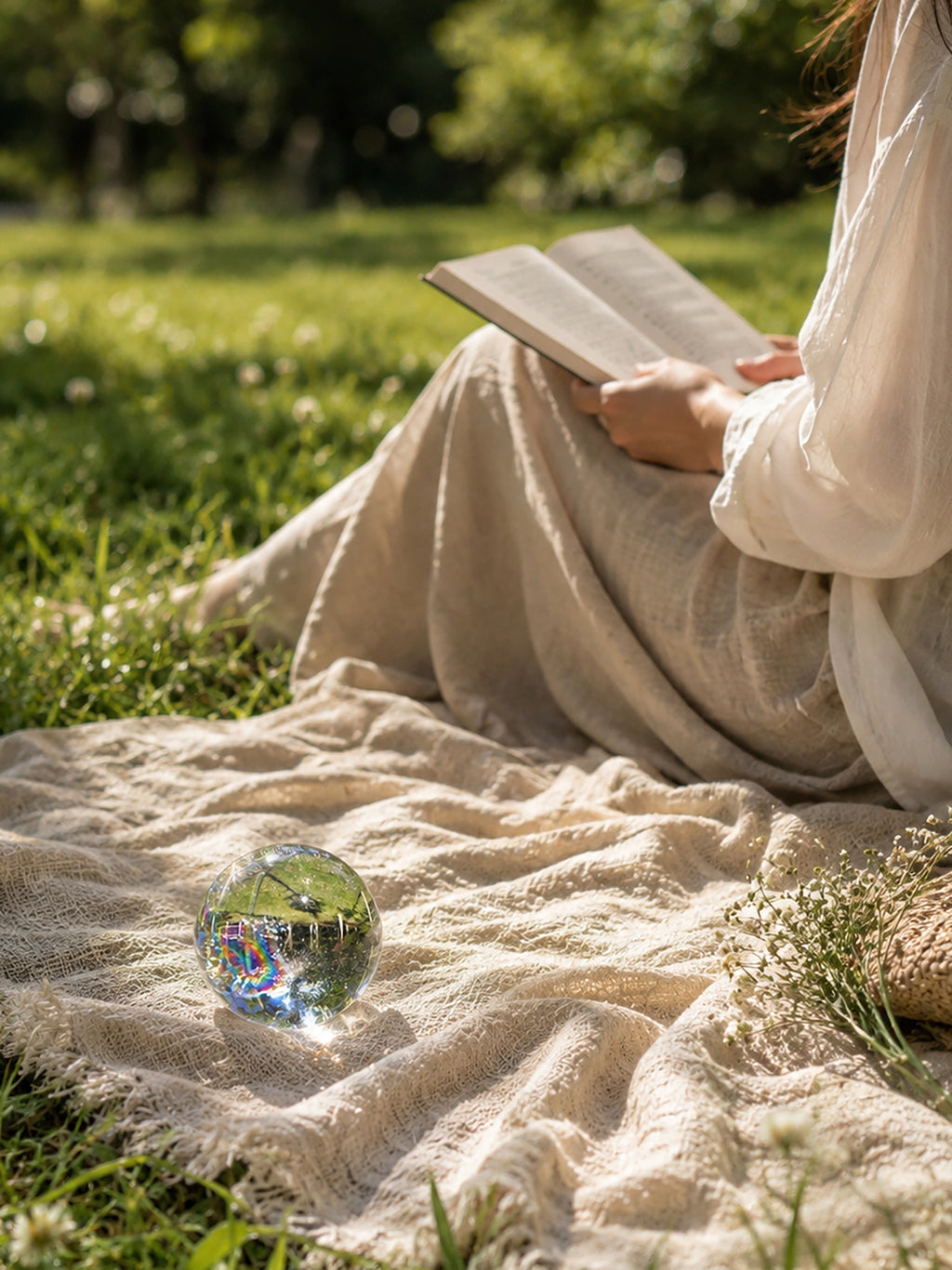 Woman reading beside a natural rainbow clear quartz sphere in soft sunlight
Video File Name: rainbow-clear-quartz-sphere-sunlight-rainbow-video.mp4

Video ALT: Natural rainbow clear quartz sphere glowing und