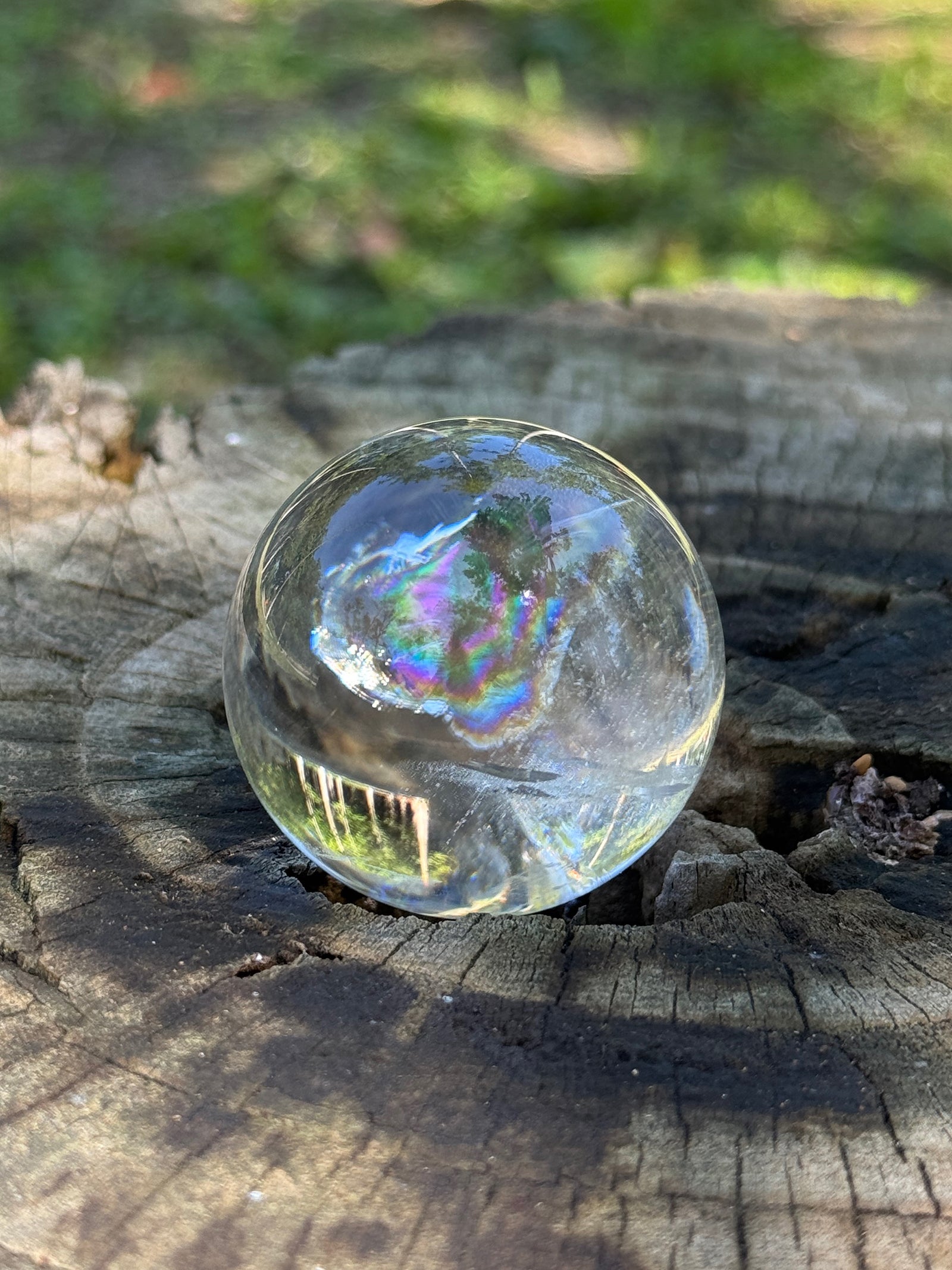 Natural rainbow clear quartz sphere placed on a tree stump under sunlight