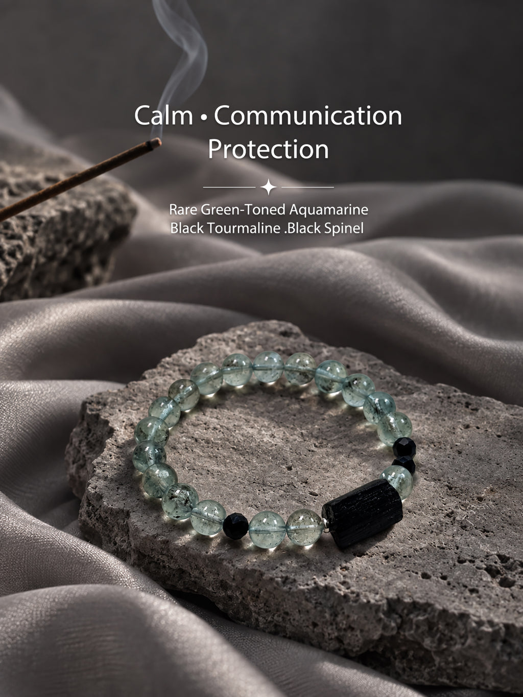  rare green-toned Aquamarine and Black Tourmaline crystal bracelet for calm, communication and protection