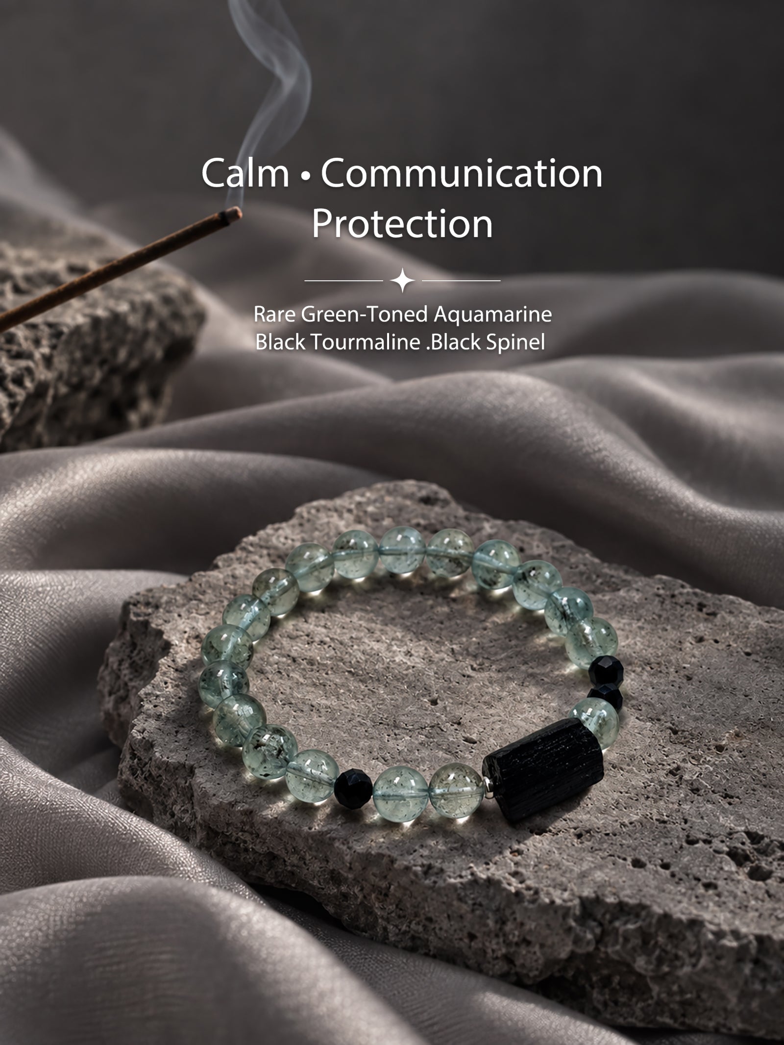 rare green-toned Aquamarine and Black Tourmaline crystal bracelet for calm, communication and protection
