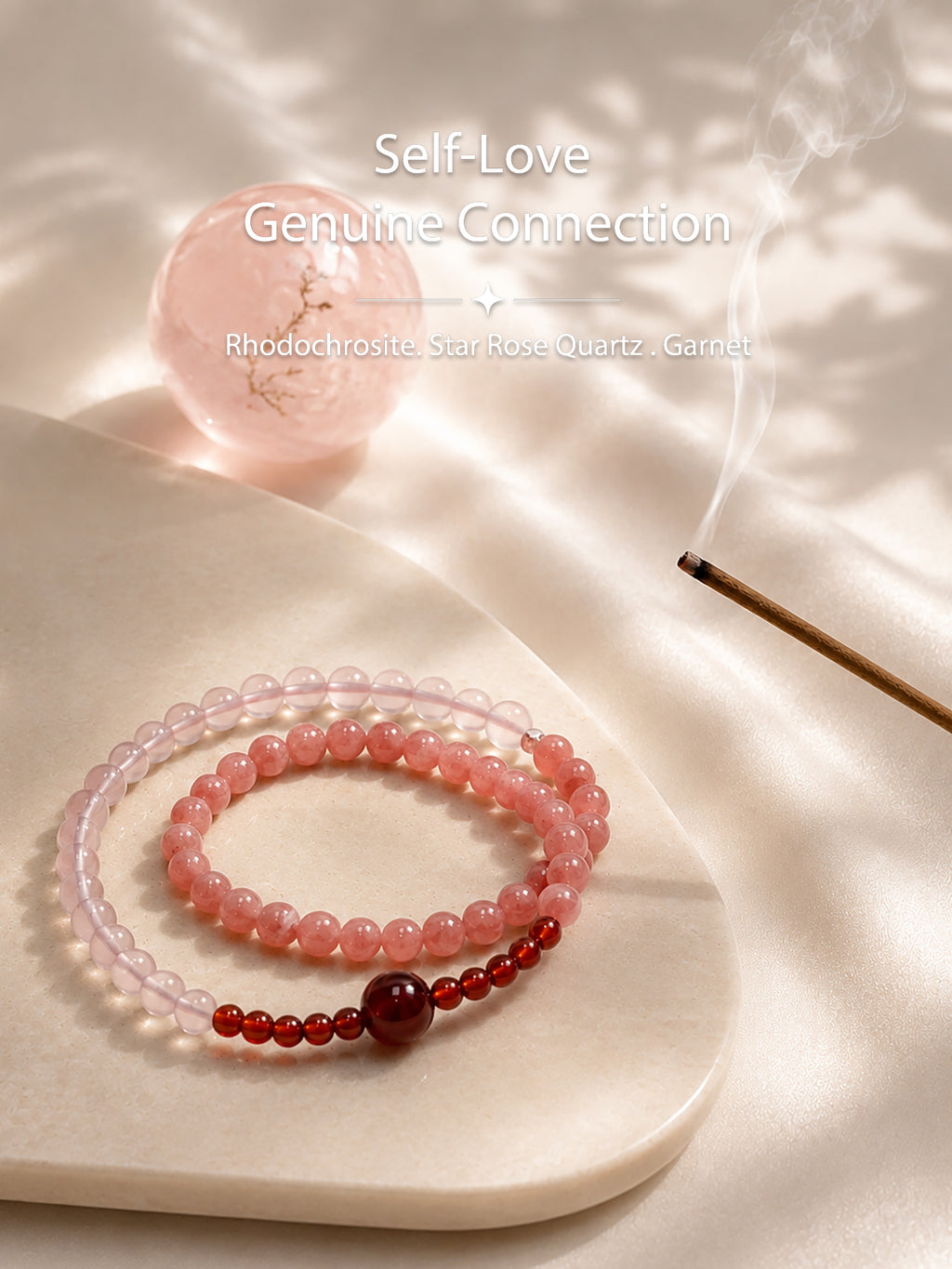 Rhodochrosite and Star Rose Quartz bracelet styled in a soft emotional healing inspired setting