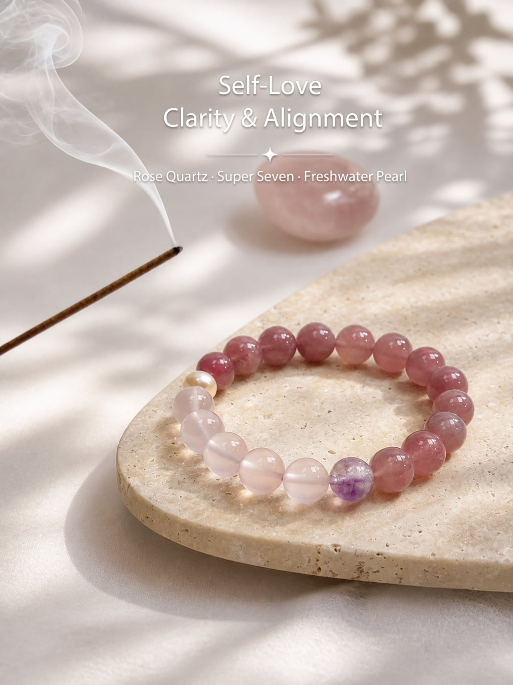Rose quartz bracelet styled on meditation altar for love, self-love, and emotional connection