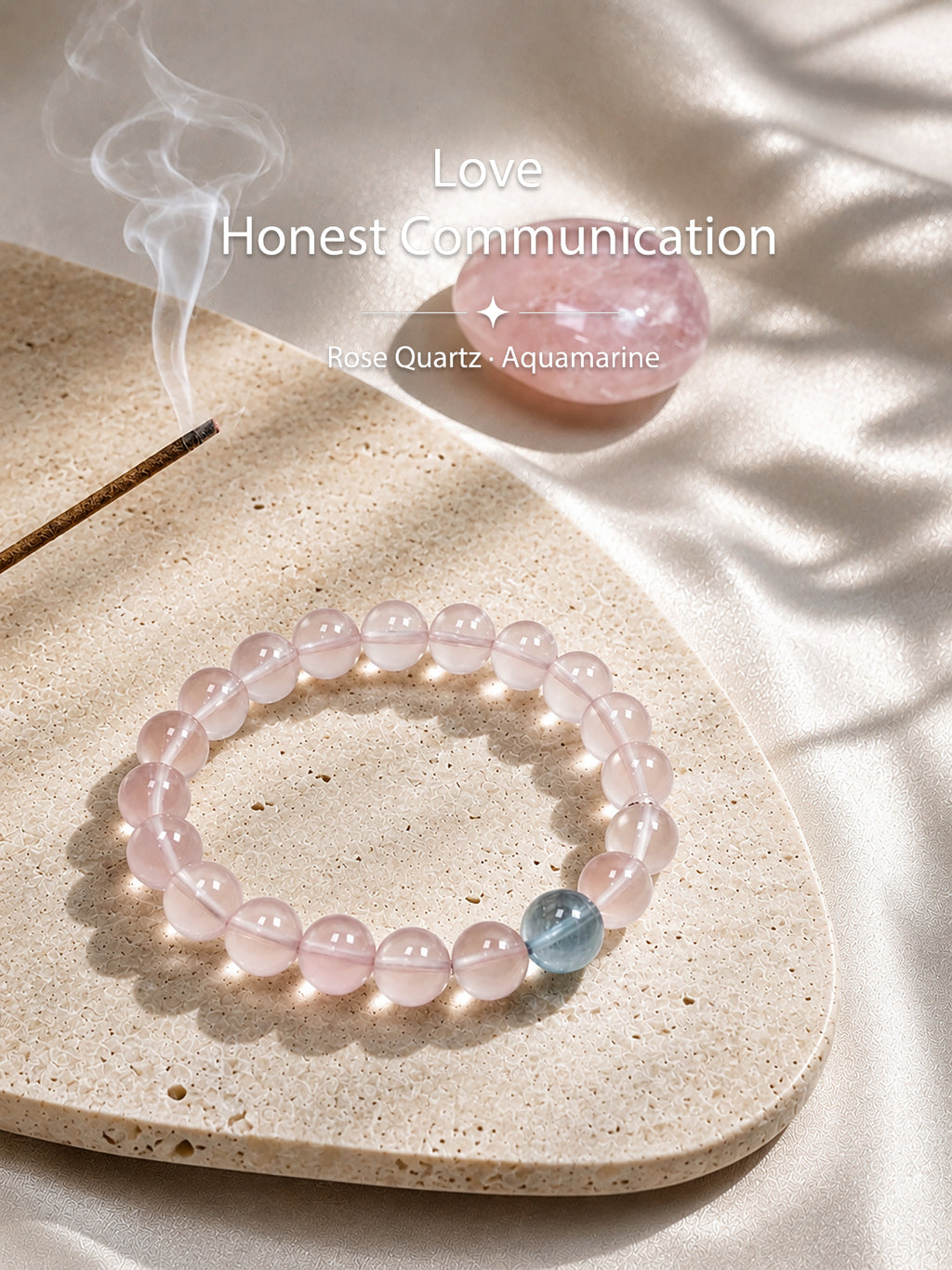 Rose quartz bracelet styled on meditation altar for love, self-love, and emotional connection
