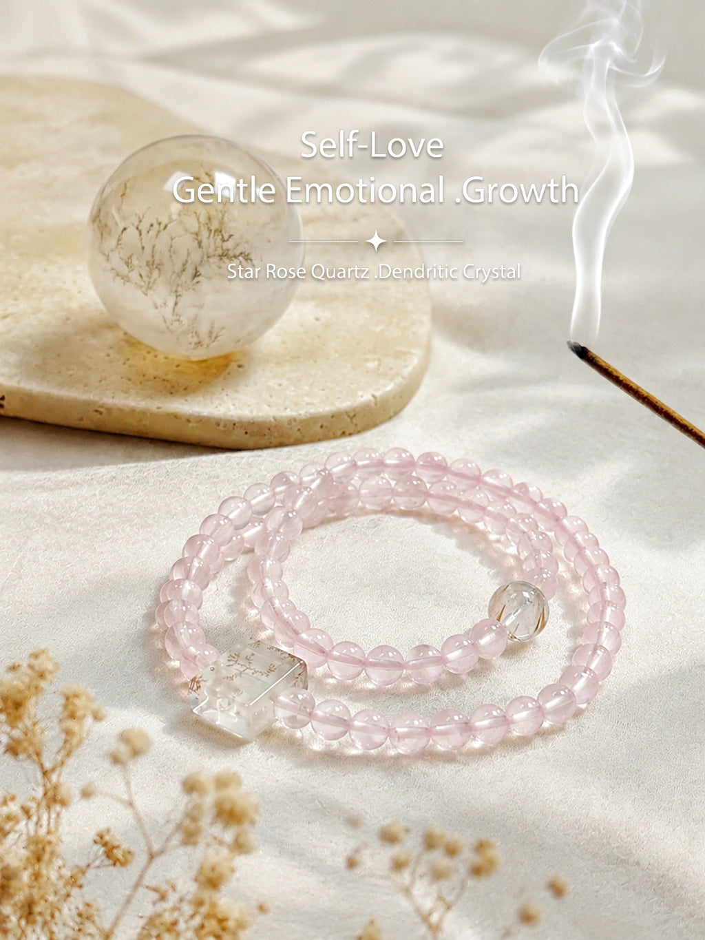Rose quartz bracelet styled on meditation altar for love, self-love, and emotional connection