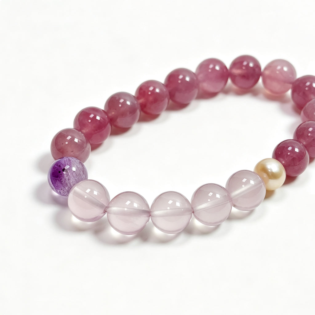 Close-up detail of rose quartz crystal bracelet showing natural stone texture for self-love and gentle emotional healing