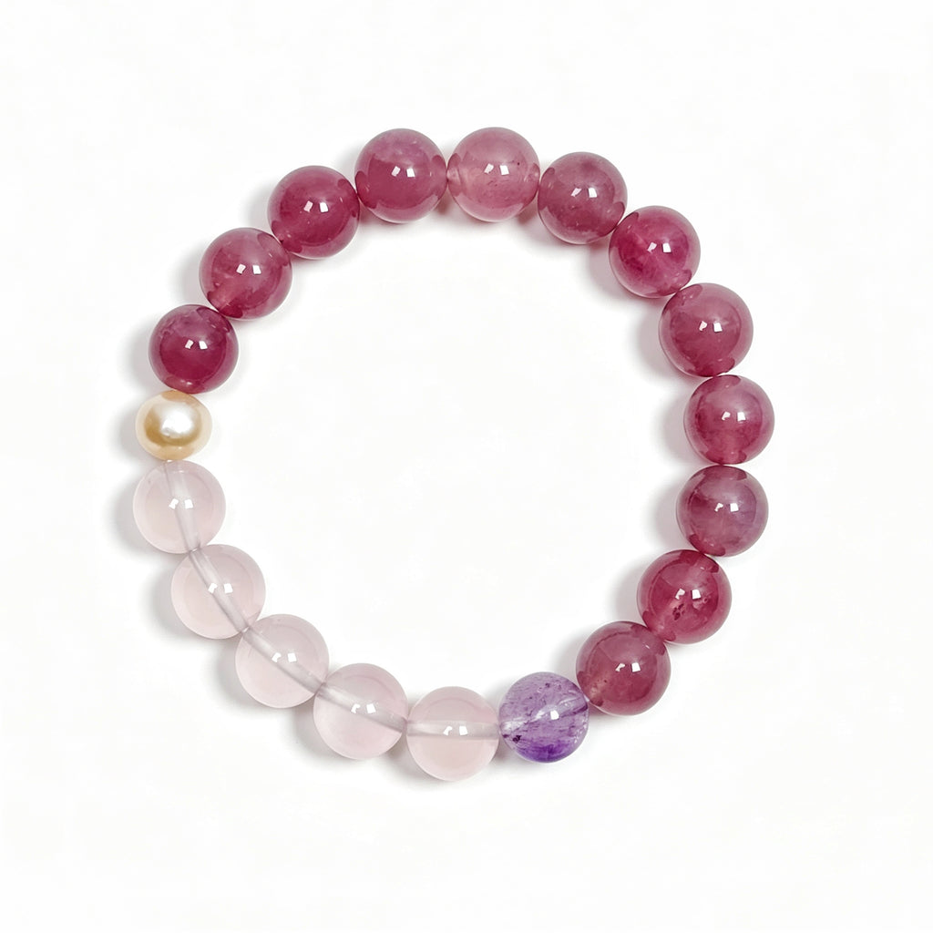 Top view of rose quartz crystal bracelet showing full bead arrangement for love and emotional connection