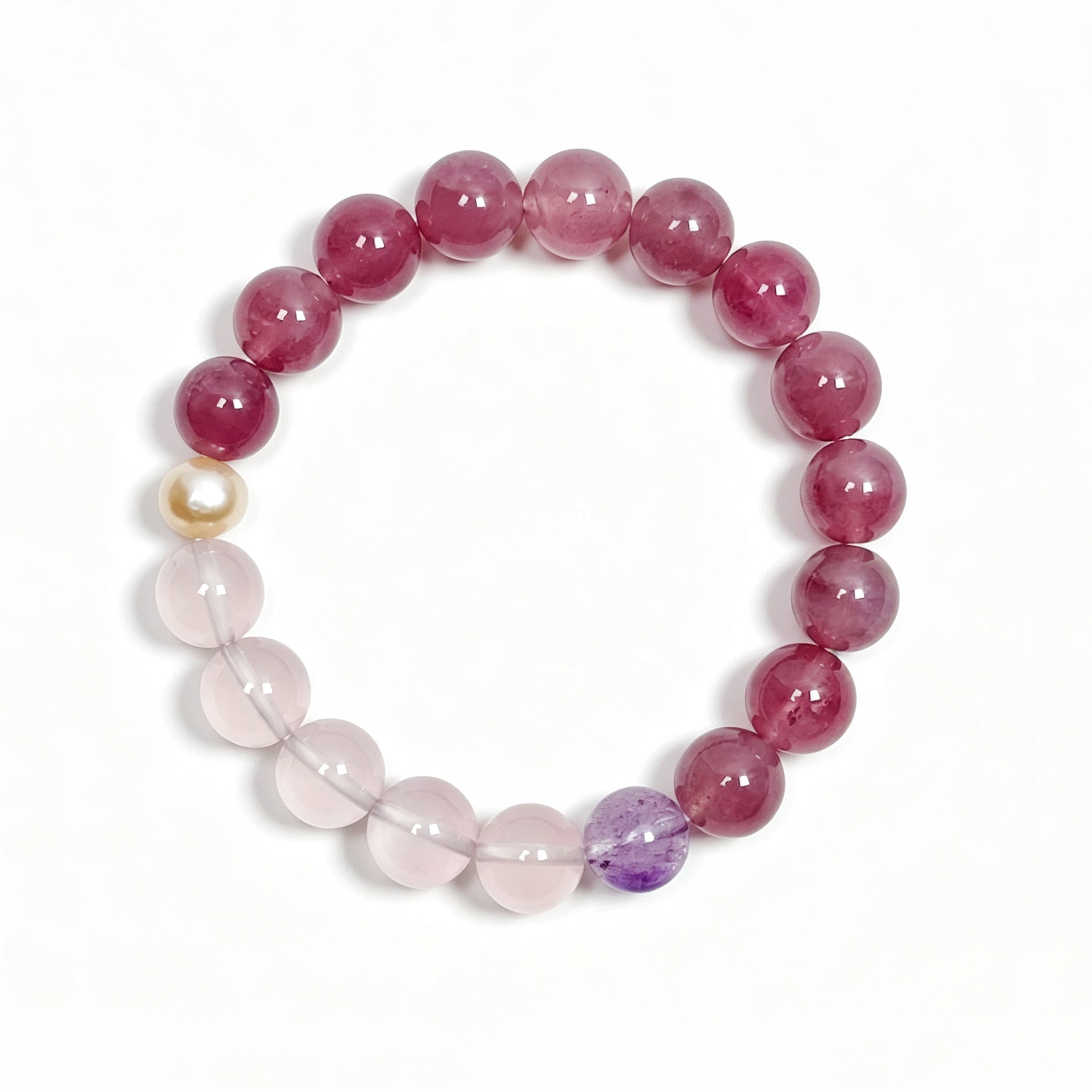 Top view of rose quartz crystal bracelet showing full bead arrangement for love and emotional connection