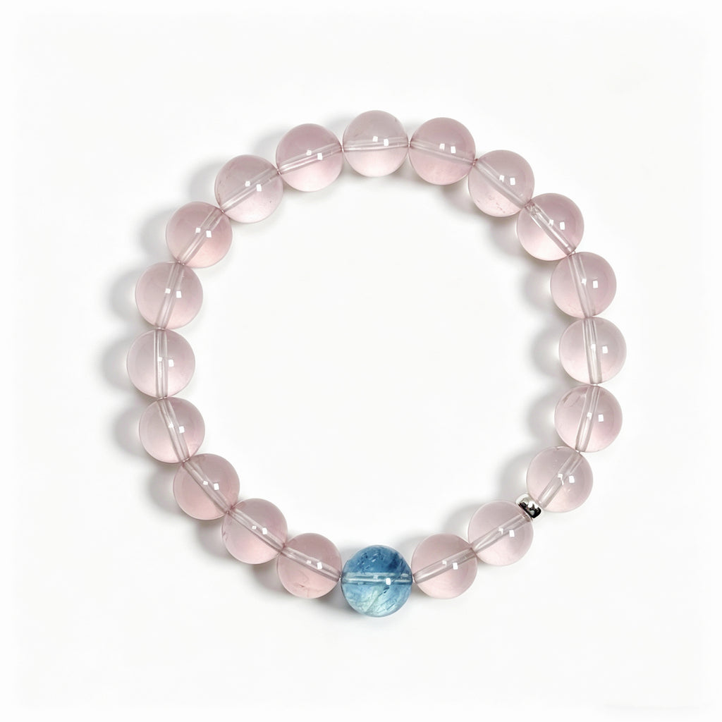 Top view of rose quartz crystal bracelet showing full bead arrangement for love and emotional connection
