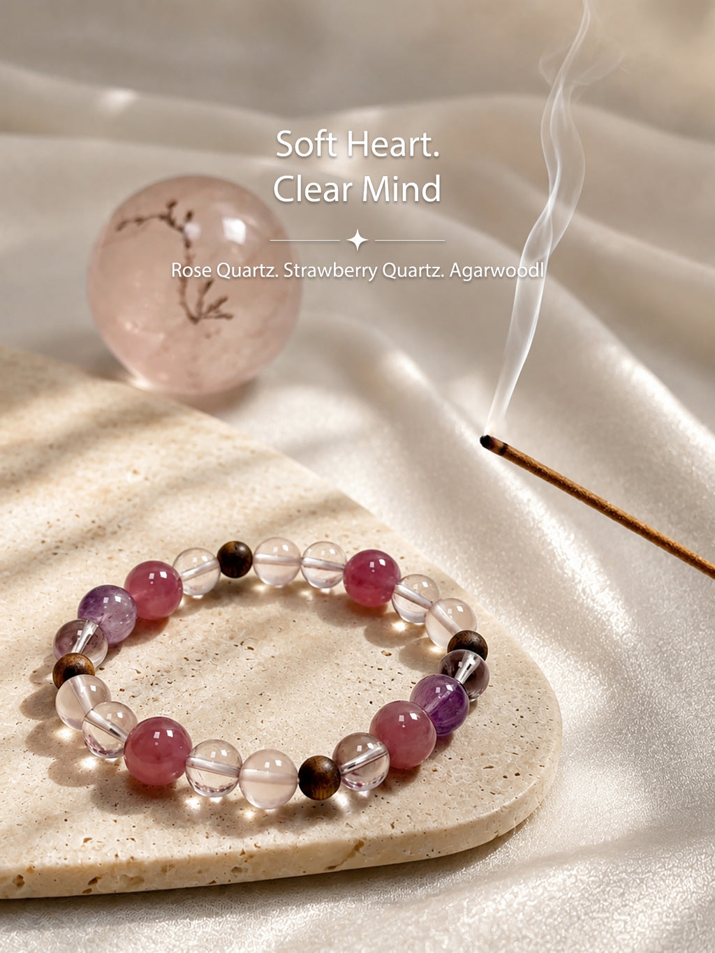 Rose quartz and Super Seven bracelet styled in a calm meditation and slow-living space for emotional clarity and grounded love