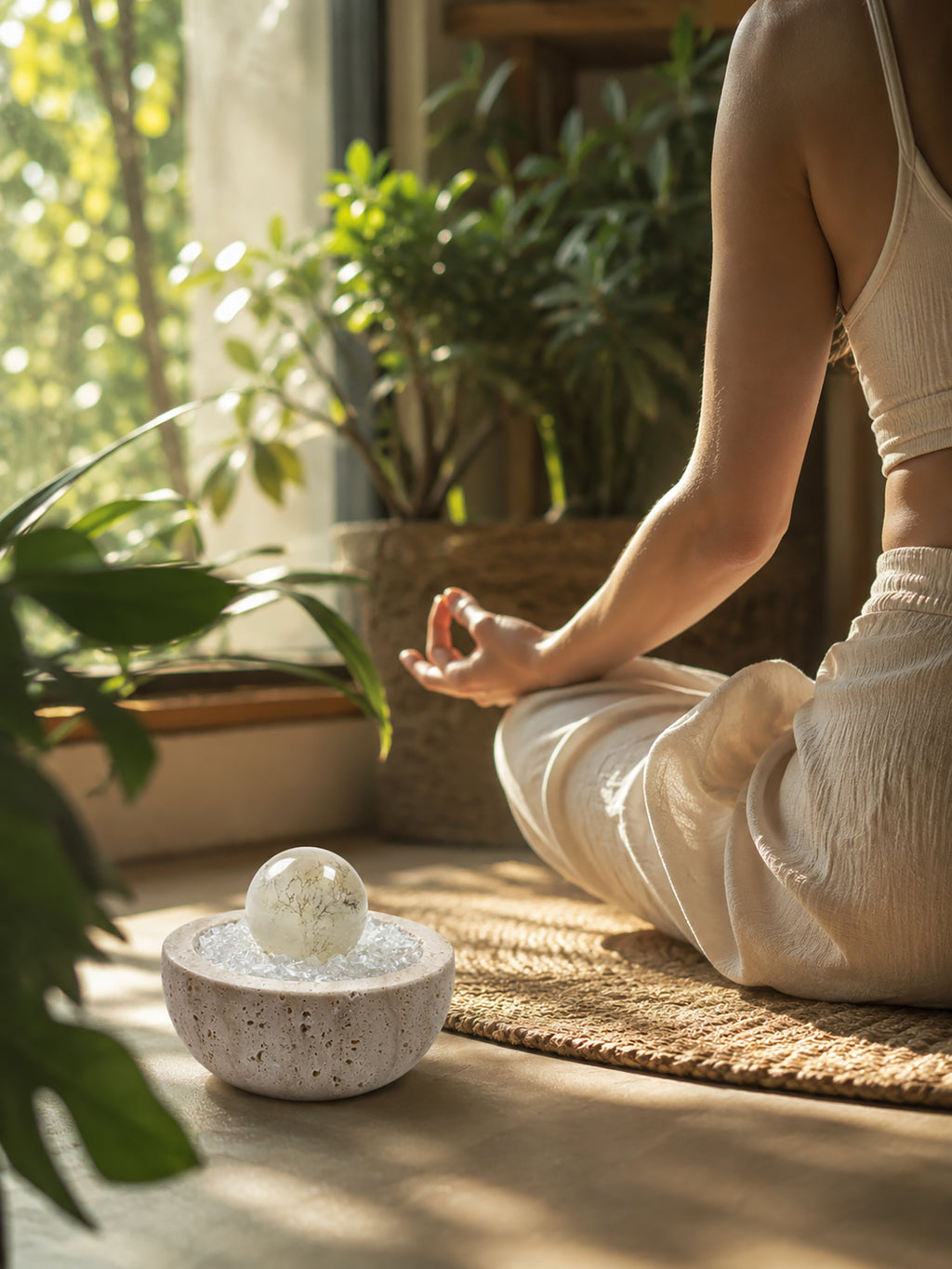 Scenic fluorite crystal sphere with tree-like landscape patterns styled beside a quiet indoor meditation space with soft natural light and calming atmosphere