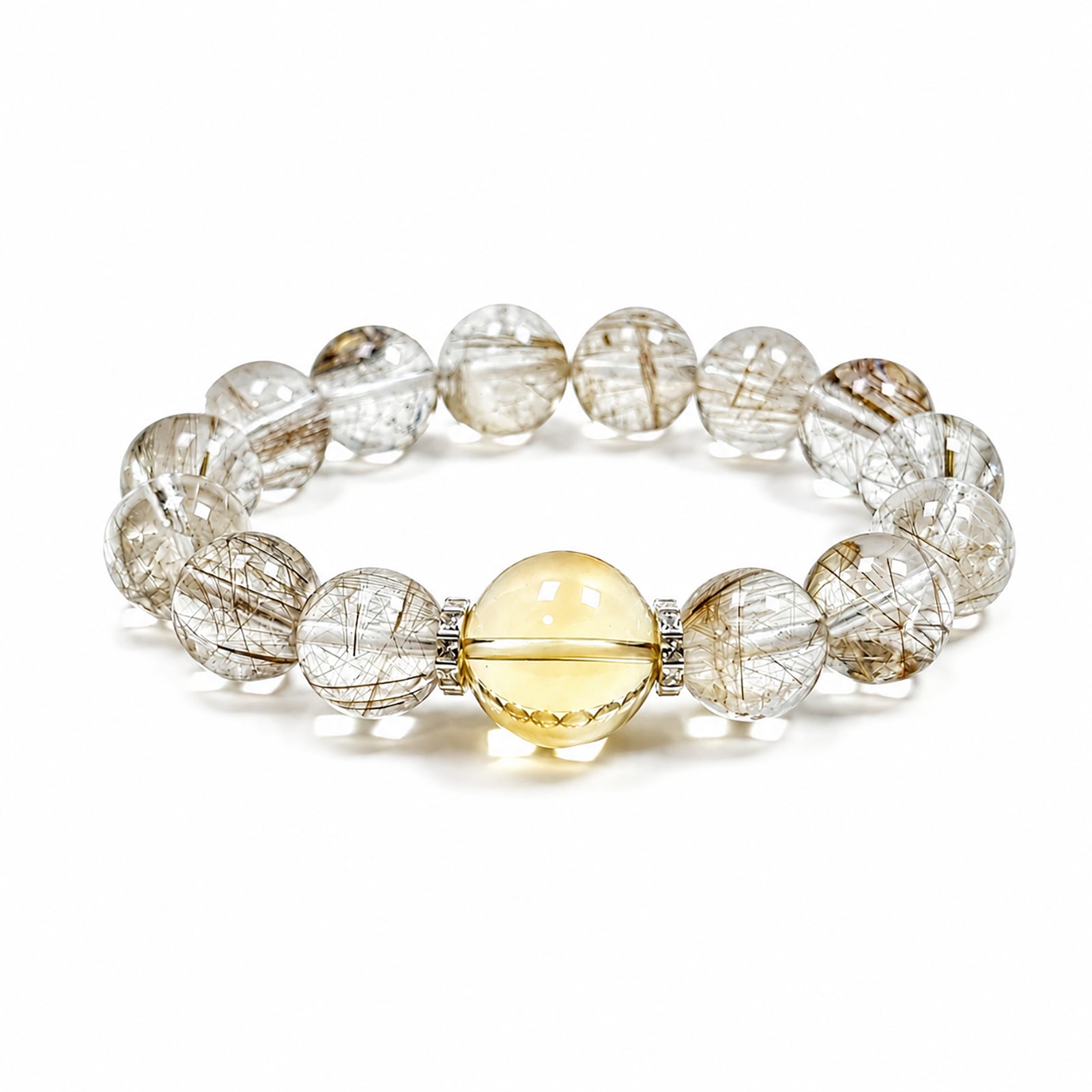Silver Rutilated Quartz manifestation bracelet on clean white background