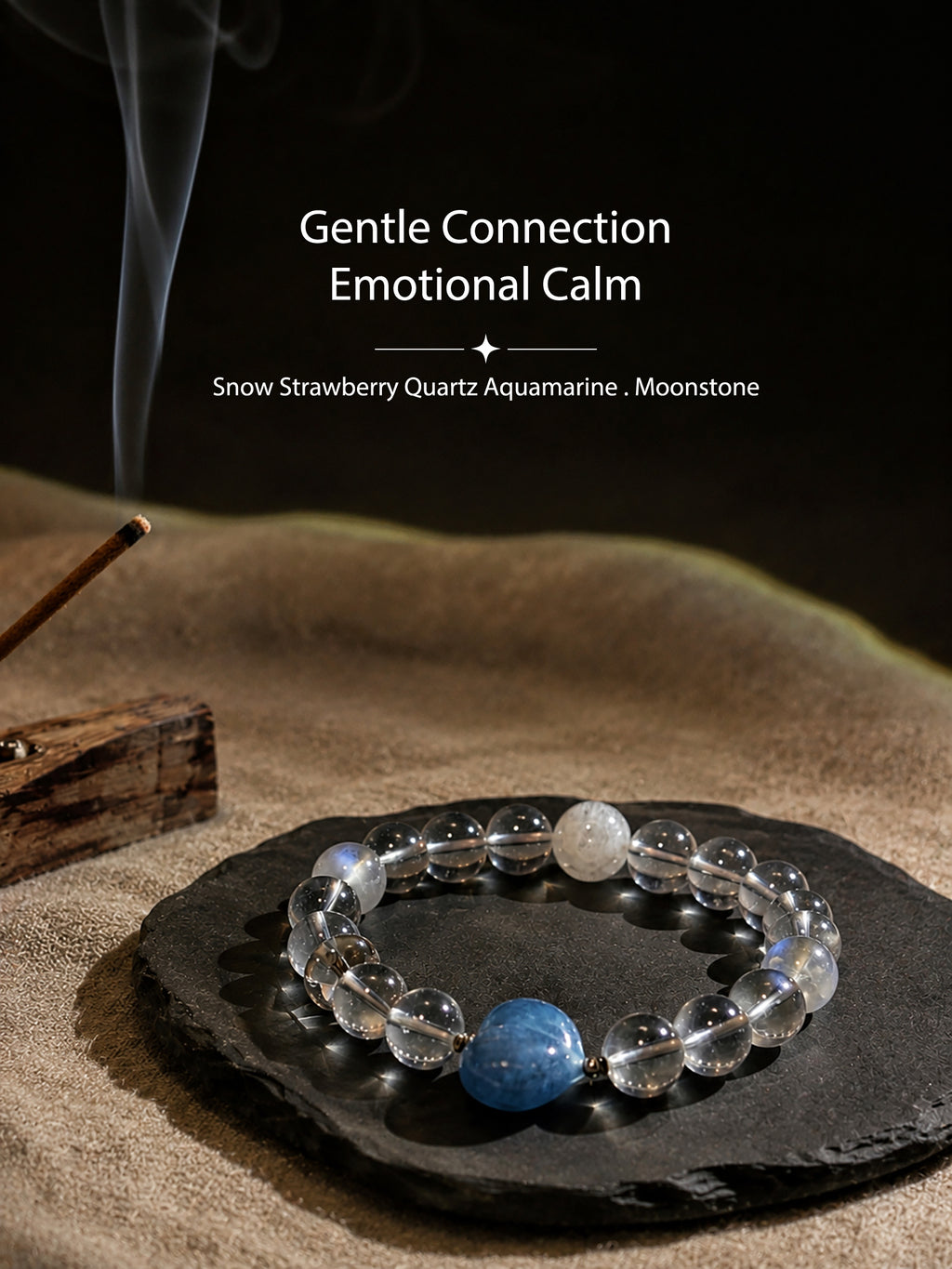 Snow Strawberry Quartz bracelet styled on calming meditation altar with soft natural light
