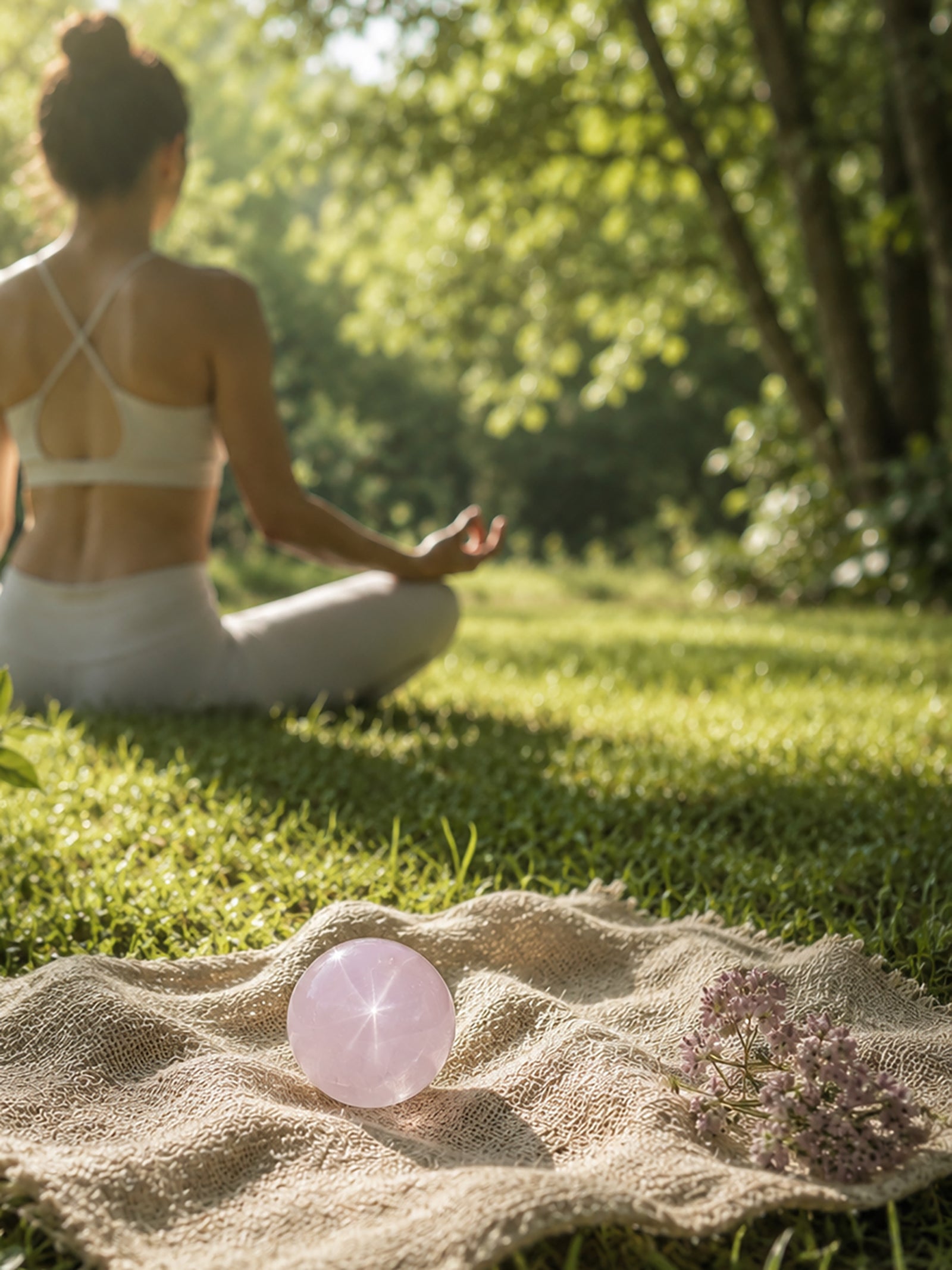 Star Rose Quartz sphere styled in a peaceful outdoor meditation setting surrounded by nature