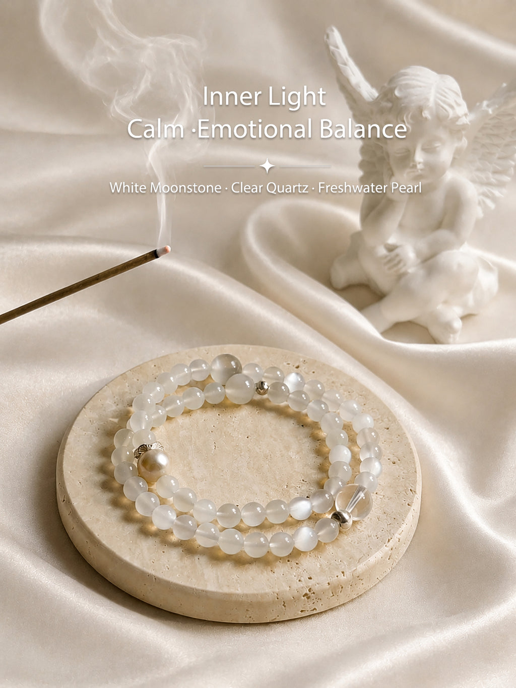 White Moonstone bracelet styled with natural textures in a calming lifestyle setting