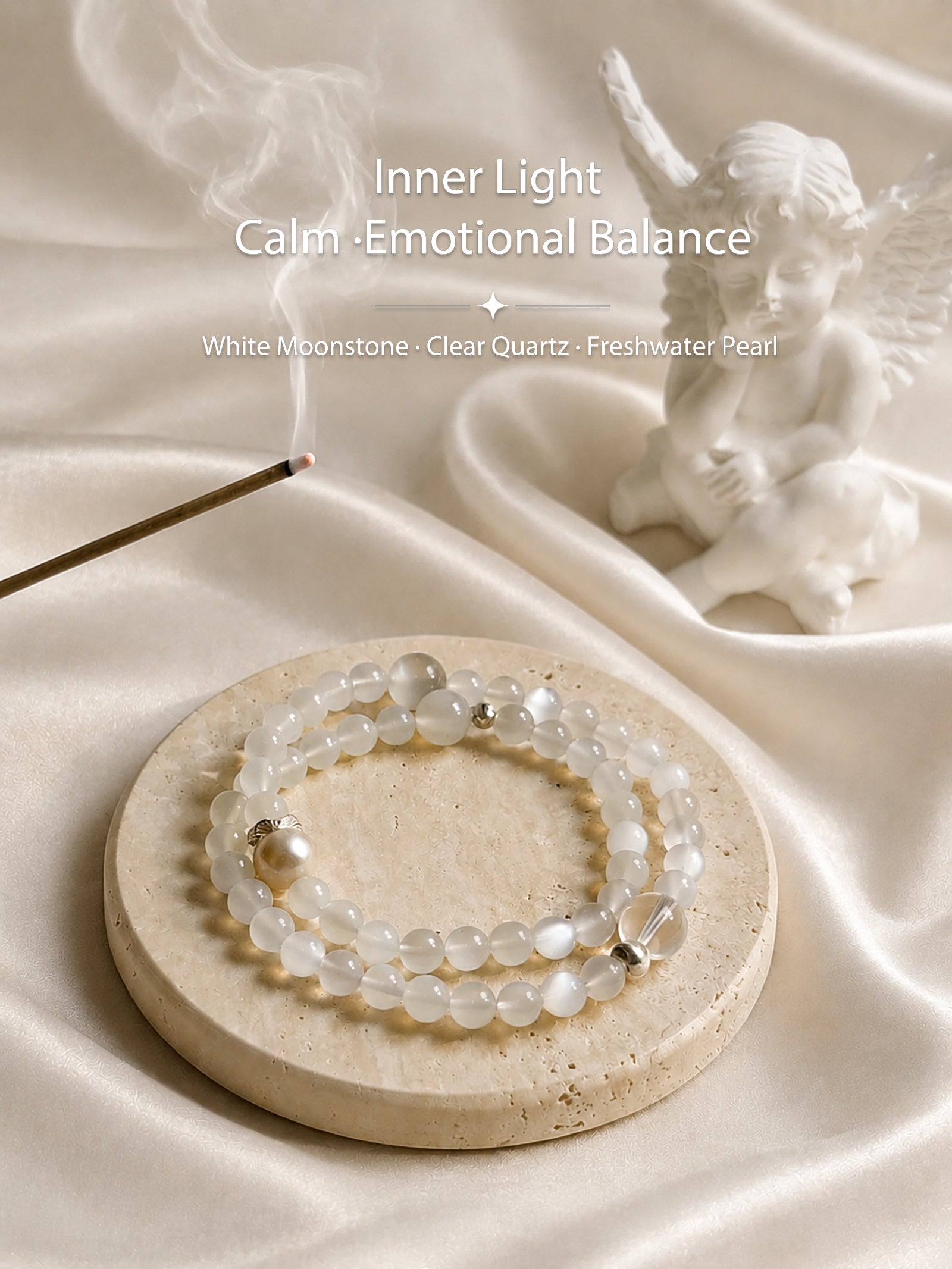 White Moonstone bracelet styled with natural textures in a calming lifestyle setting
