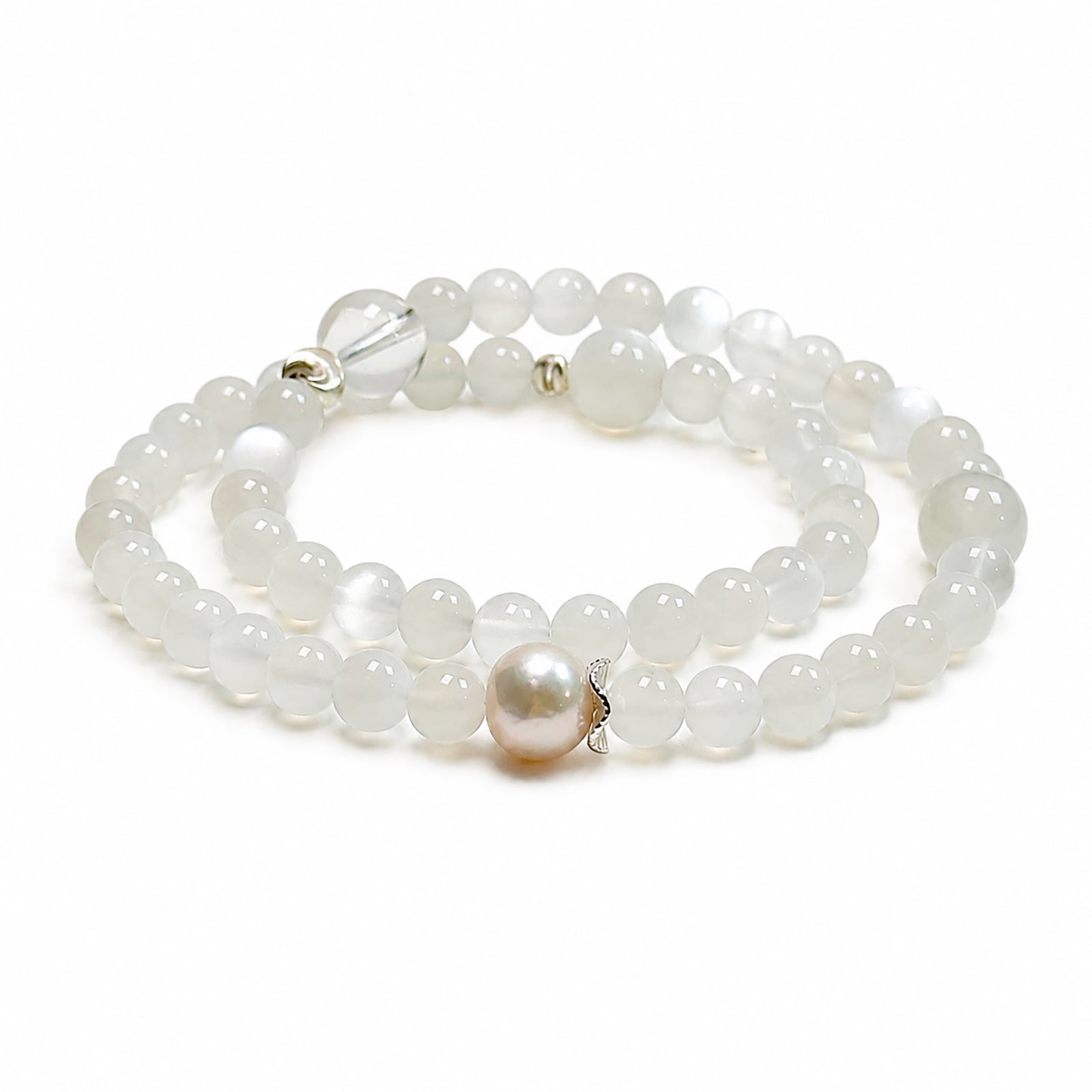 White Moonstone double wrap bracelet on clean white background
