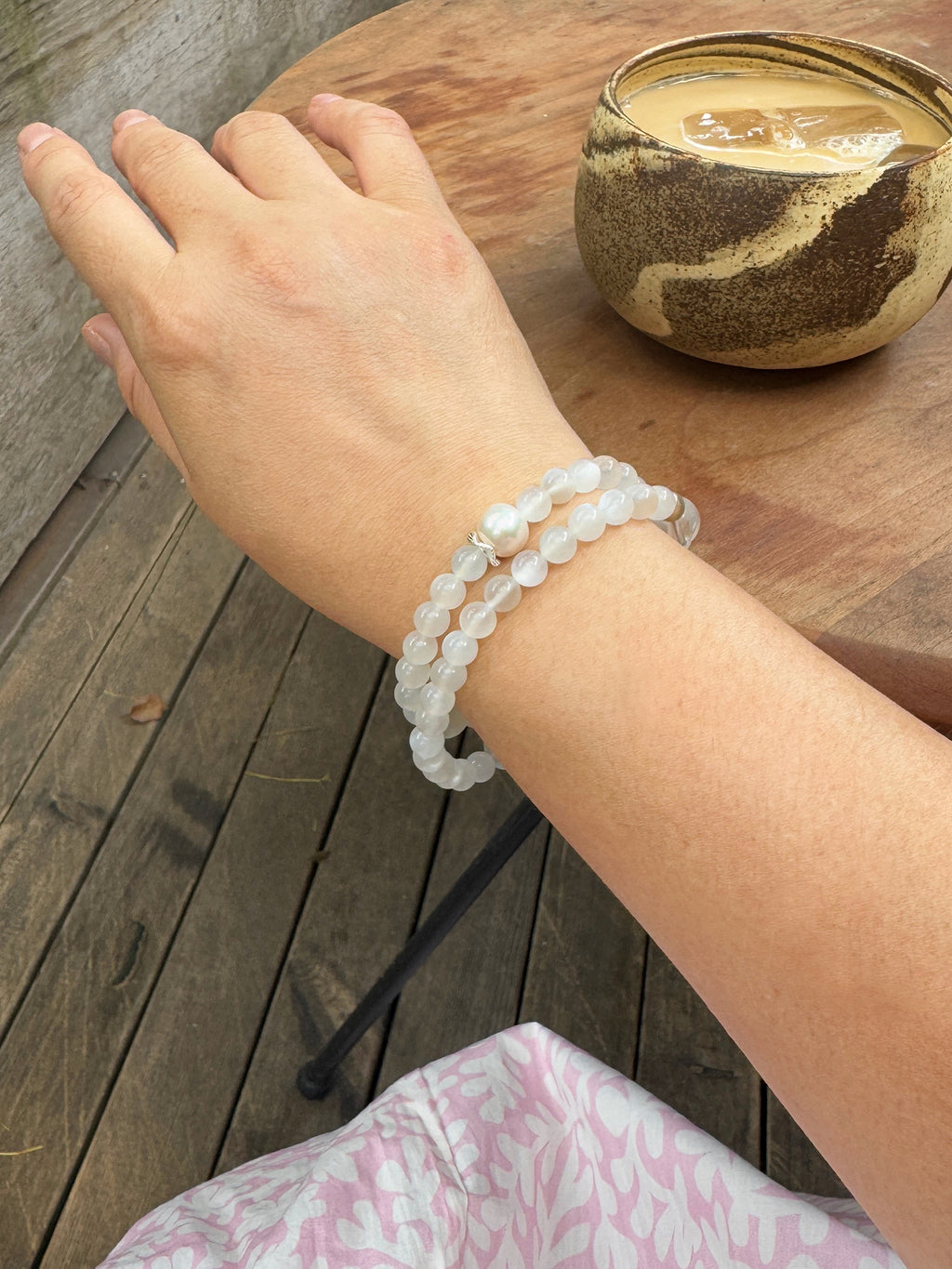 White Moonstone double wrap bracelet worn on wrist front view showing size and fit