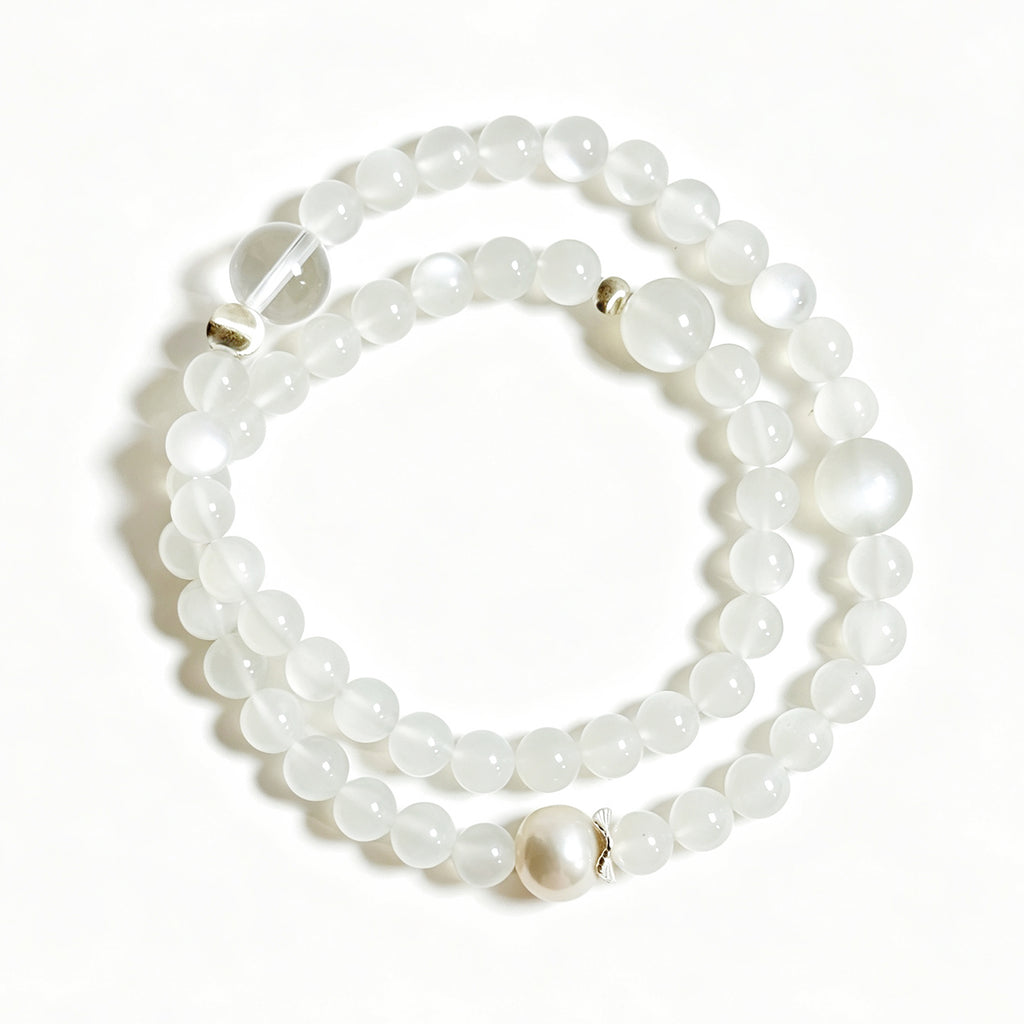Top view of White Moonstone double wrap bracelet showing full bead arrangement

