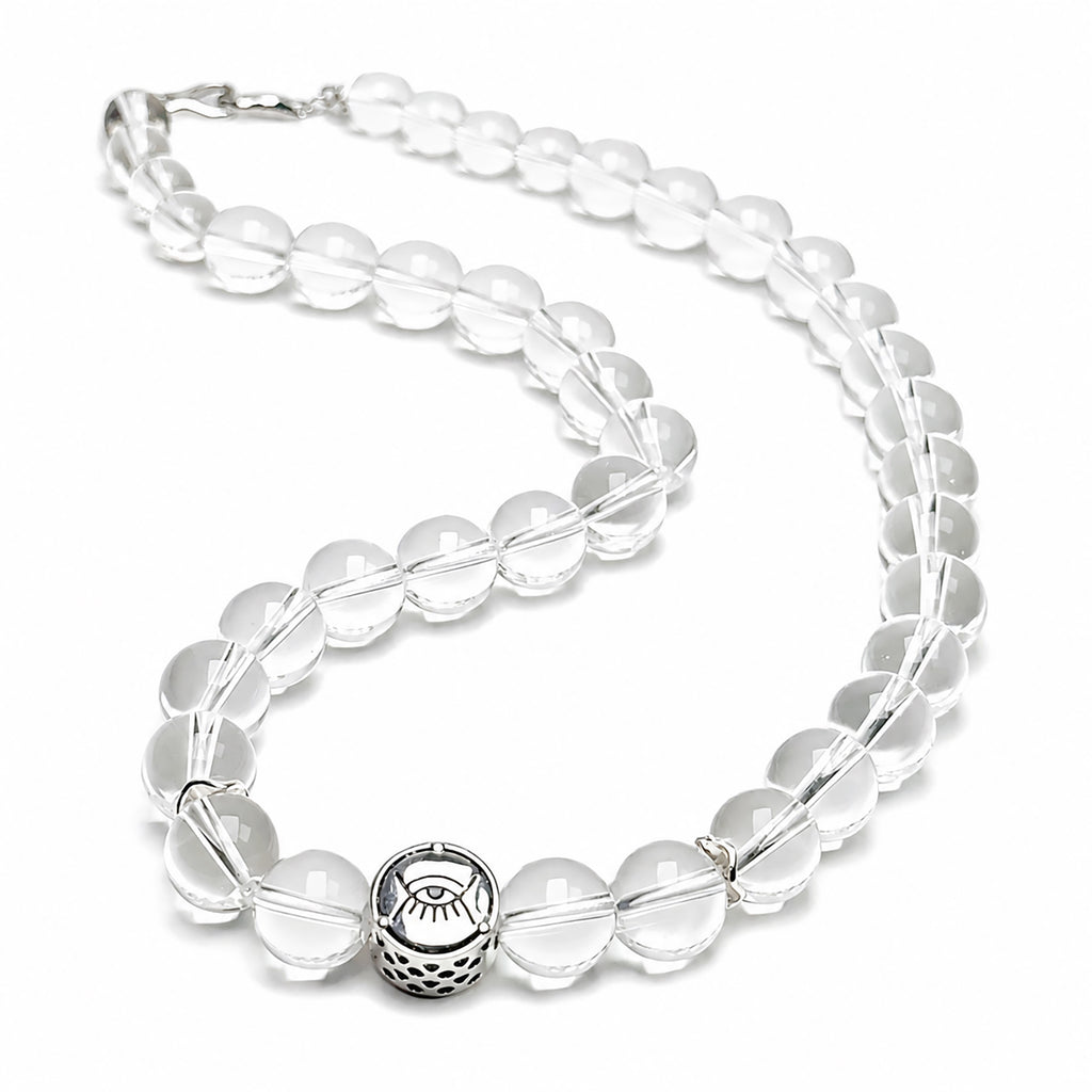 White quartz clarity necklace with wisdom eye silver accent and 925 silver clasp on white background